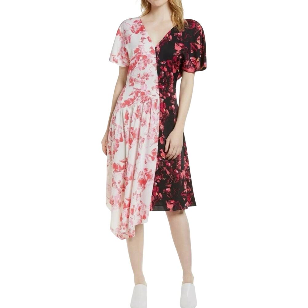 Lewit Silk Colorblock Floral Maxi Dress Asymmetric Pink Black Women's Size 10